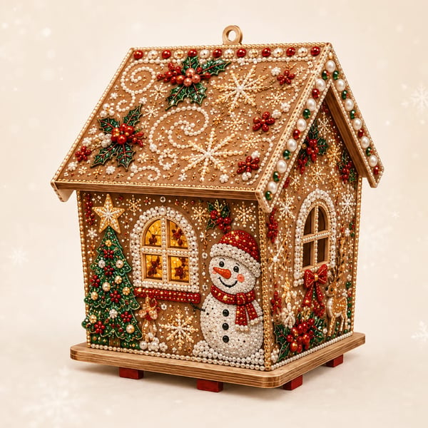 Christmas Pearl Cottage Art Kit | Pre-Cut Wooden Panels, Sparkling Rhinestones, Pearl Beads & Complete Tools for a 3D Holiday House