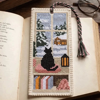 Seasonal Cat Cross Stitch Bookmark – Cozy Reading Companion