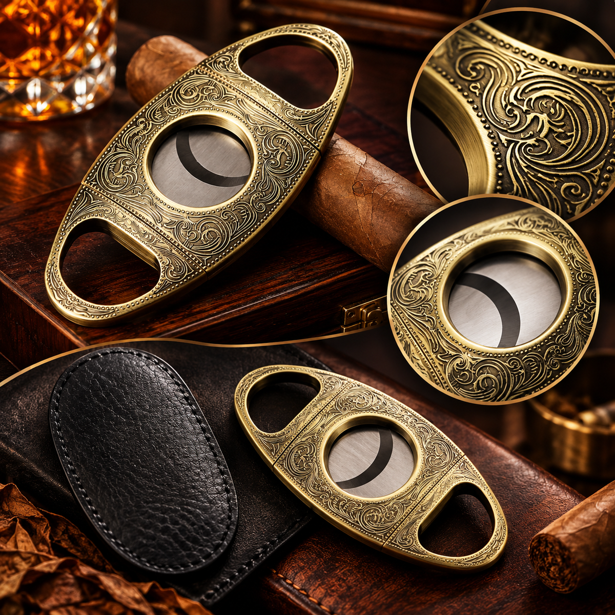 Antique Bronze Cigar Cutter Pouch Engraved Design