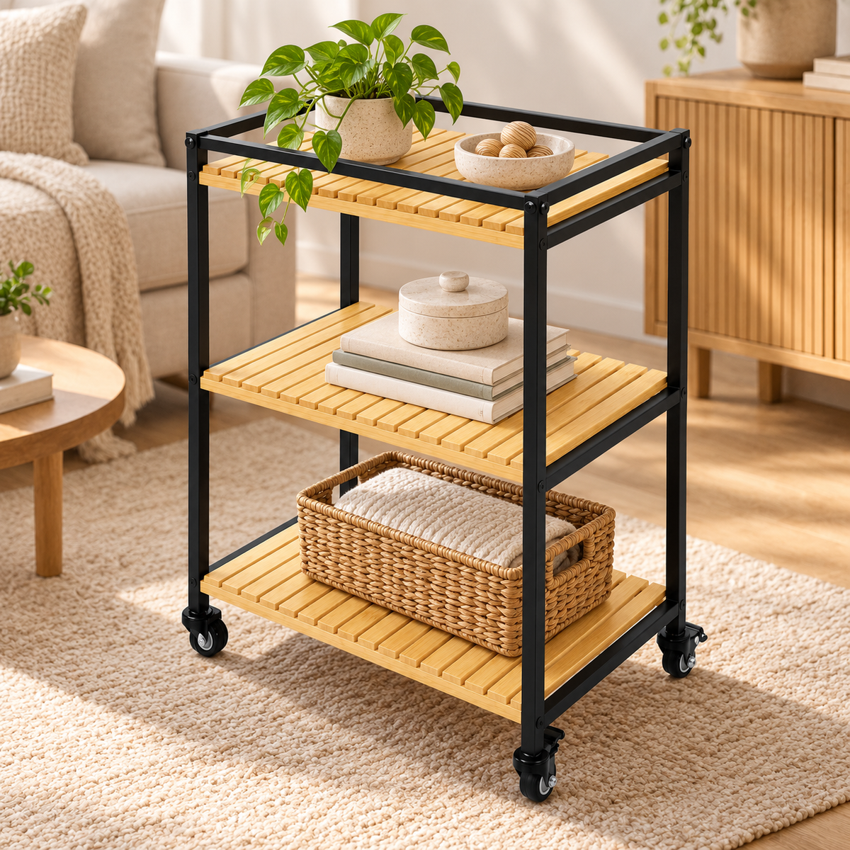 Bamboo Storage Trolley Rack Rolling Organizer
