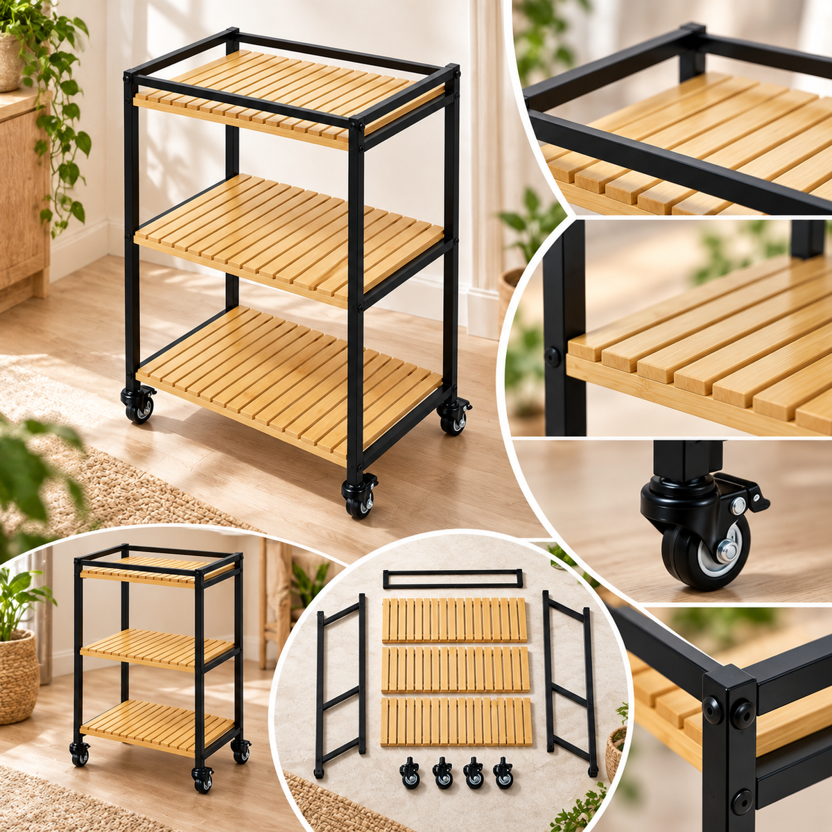 Bamboo Storage Trolley Rack Rolling Organizer
