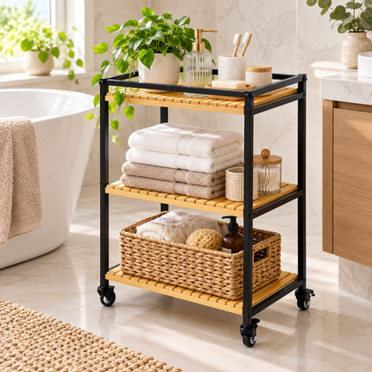 Bamboo Storage Trolley Rack Rolling Organizer