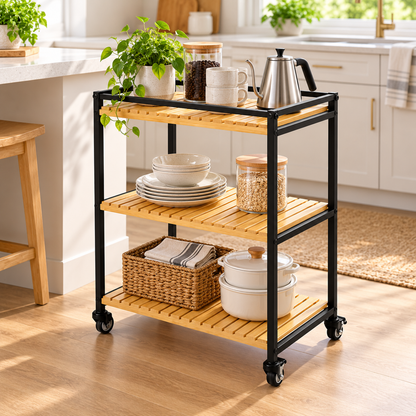 Bamboo Storage Trolley Rack Rolling Organizer