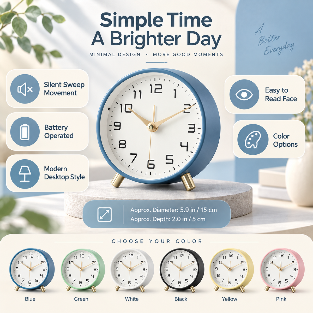 Battery Operated Table Clock Luxurious Desktop Alarm