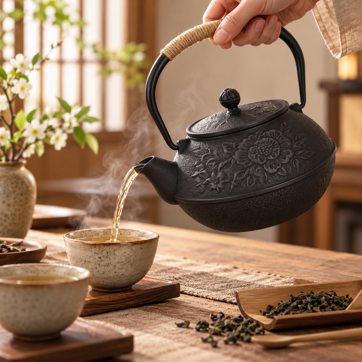 Cast Iron Teapot Japanese Tea Pot Floral Design