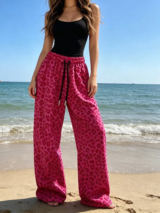 Wide Leg Knit Pants with Leopard Print and Elastic Lace Waist