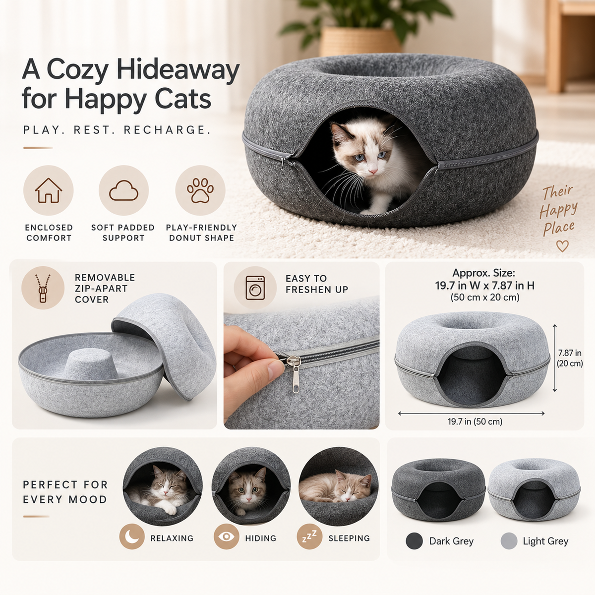 Cat Cave Bed Donut Cozy Hooded Enclosed Pet Nest