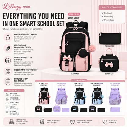 Cute Bowknot Lightweight School Backpack – Water Repellent & Anti-Theft!