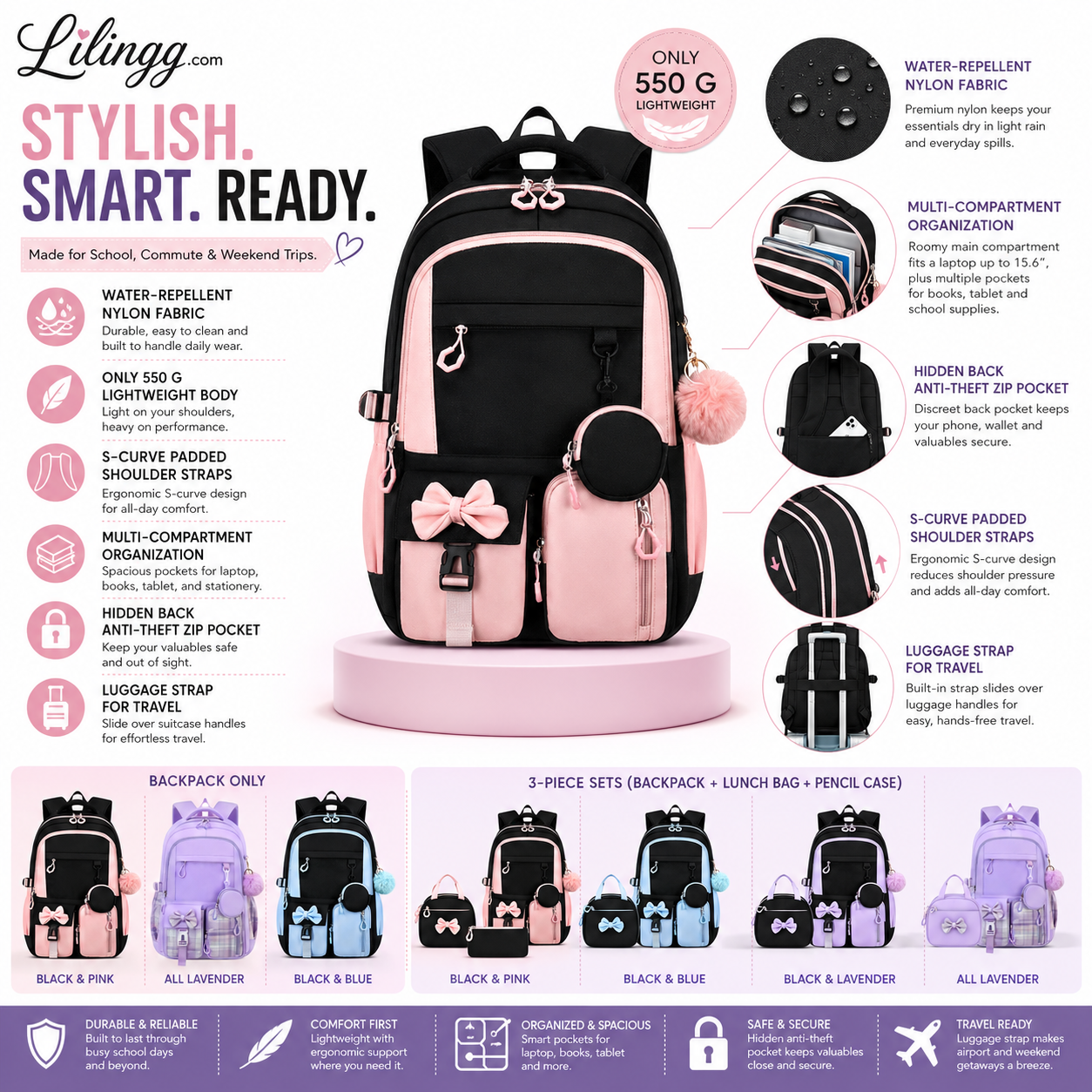 Cute Bowknot Lightweight School Backpack – Water Repellent & Anti-Theft!