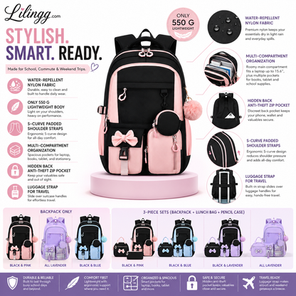 Cute Bowknot Lightweight School Backpack – Water Repellent & Anti-Theft!