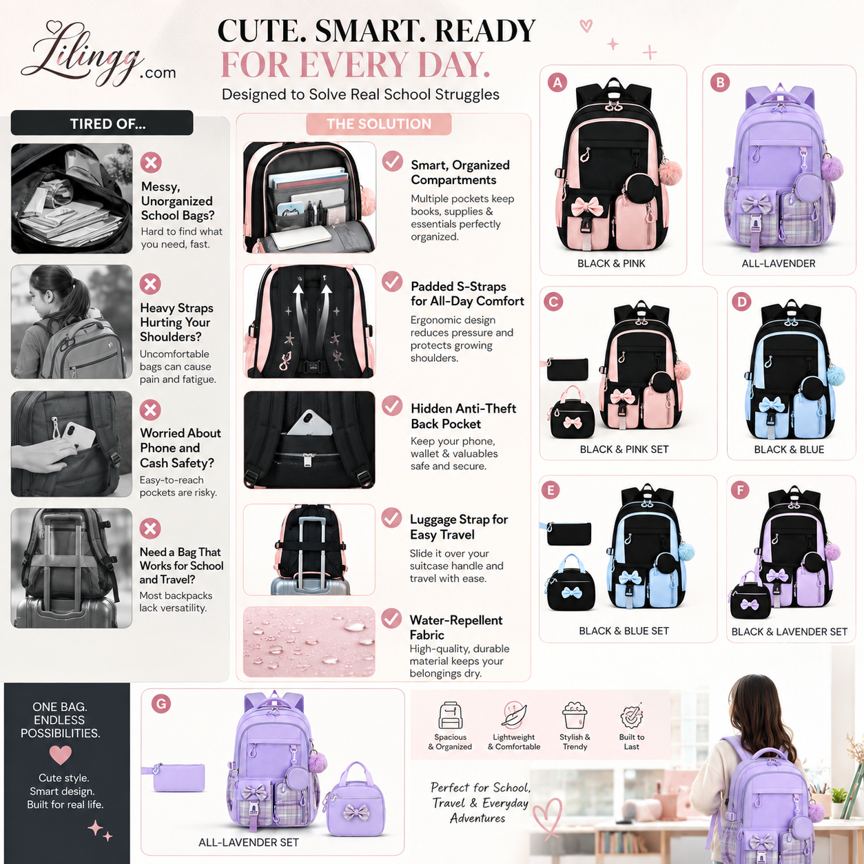 Cute Bowknot Lightweight School Backpack – Water Repellent & Anti-Theft!