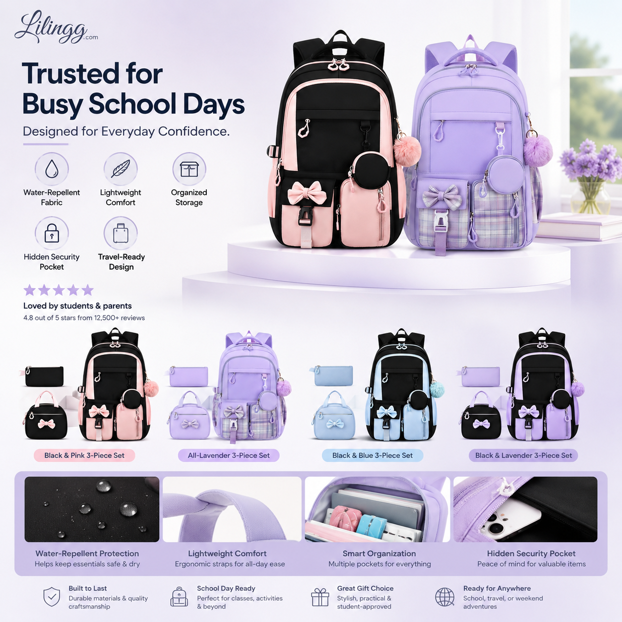 Cute Bowknot Lightweight School Backpack – Water Repellent & Anti-Theft!