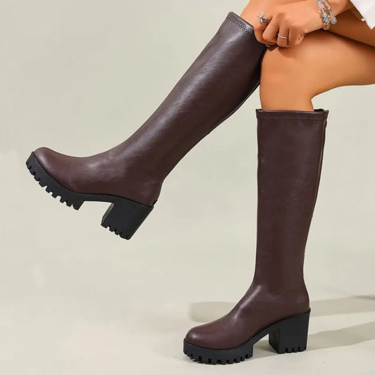 Knee High Block Heel Boots with Back Zipper and Textured Sole, Round Toe