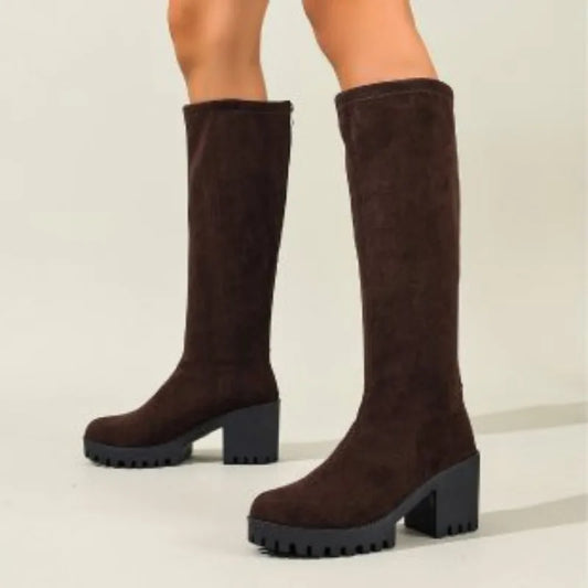 Knee High Block Heel Boots with Back Zipper and Textured Sole, Round Toe