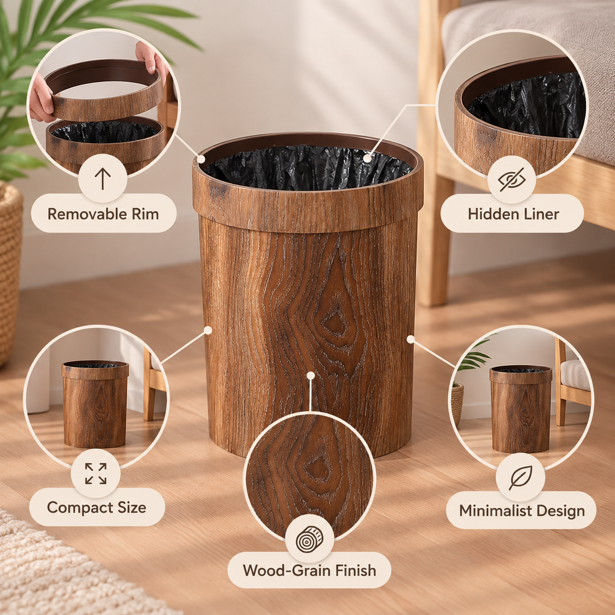 Compact Wooden Trash Bin Minimalist Home Organization