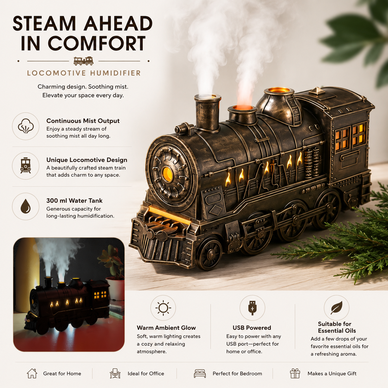 Continuous Mist Steam Humidifier Locomotive Design