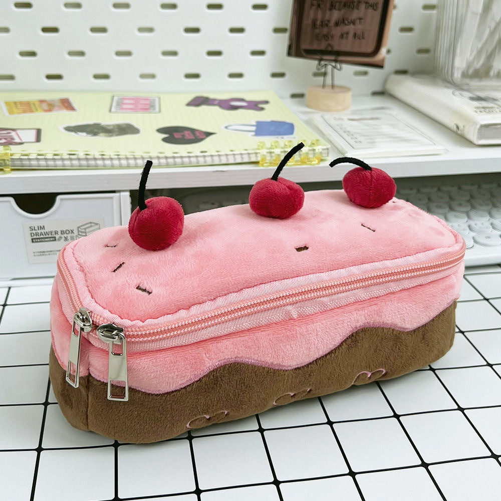 Cherry Cake Plush Pencil Case – Cute Large Capacity Stationery Organizer for Girls, Kids and School Supply Storage