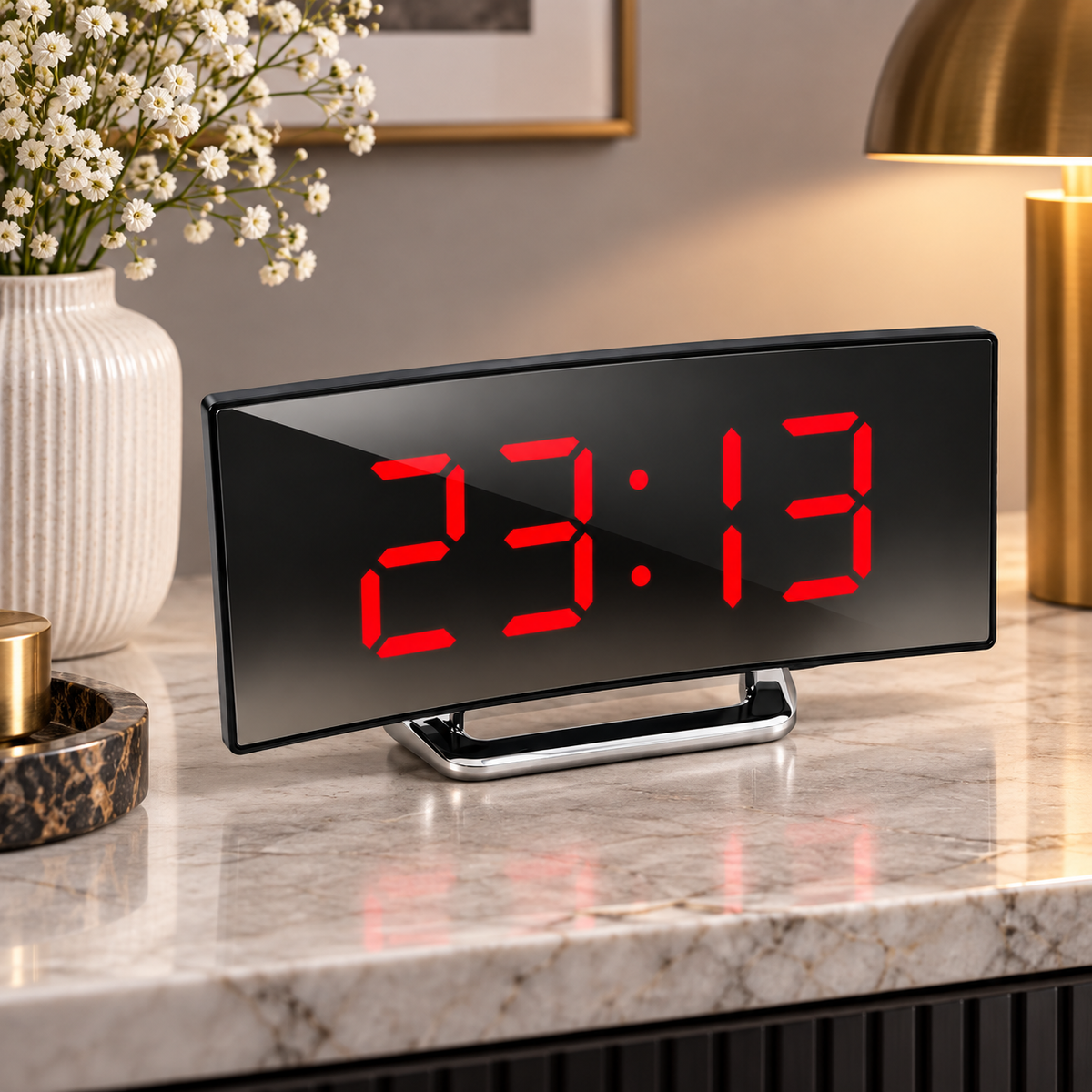 Digital Alarm Clock Led Mirror Curved Display