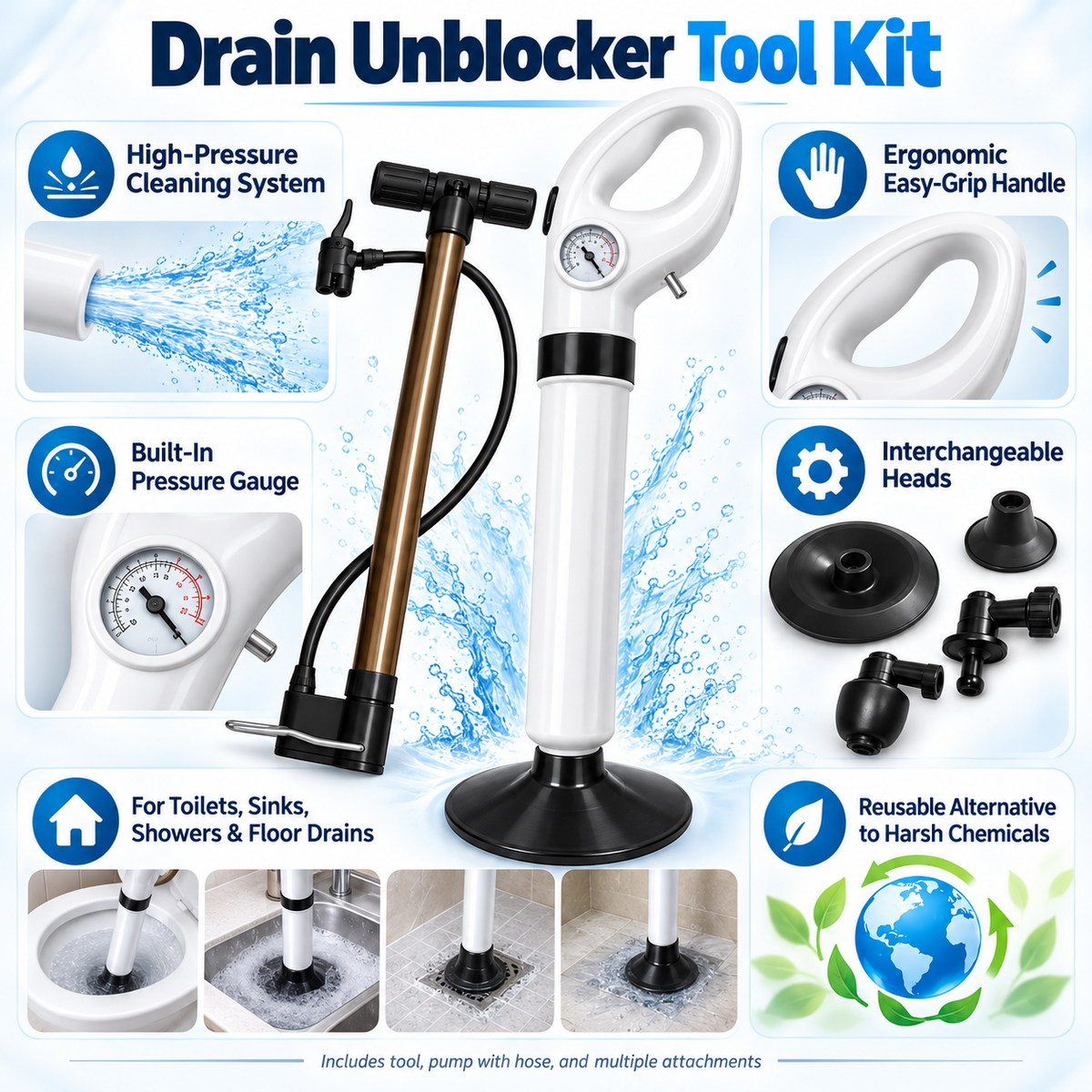 Drain Unblocker Tool Kit High Pressure Cleaning System
