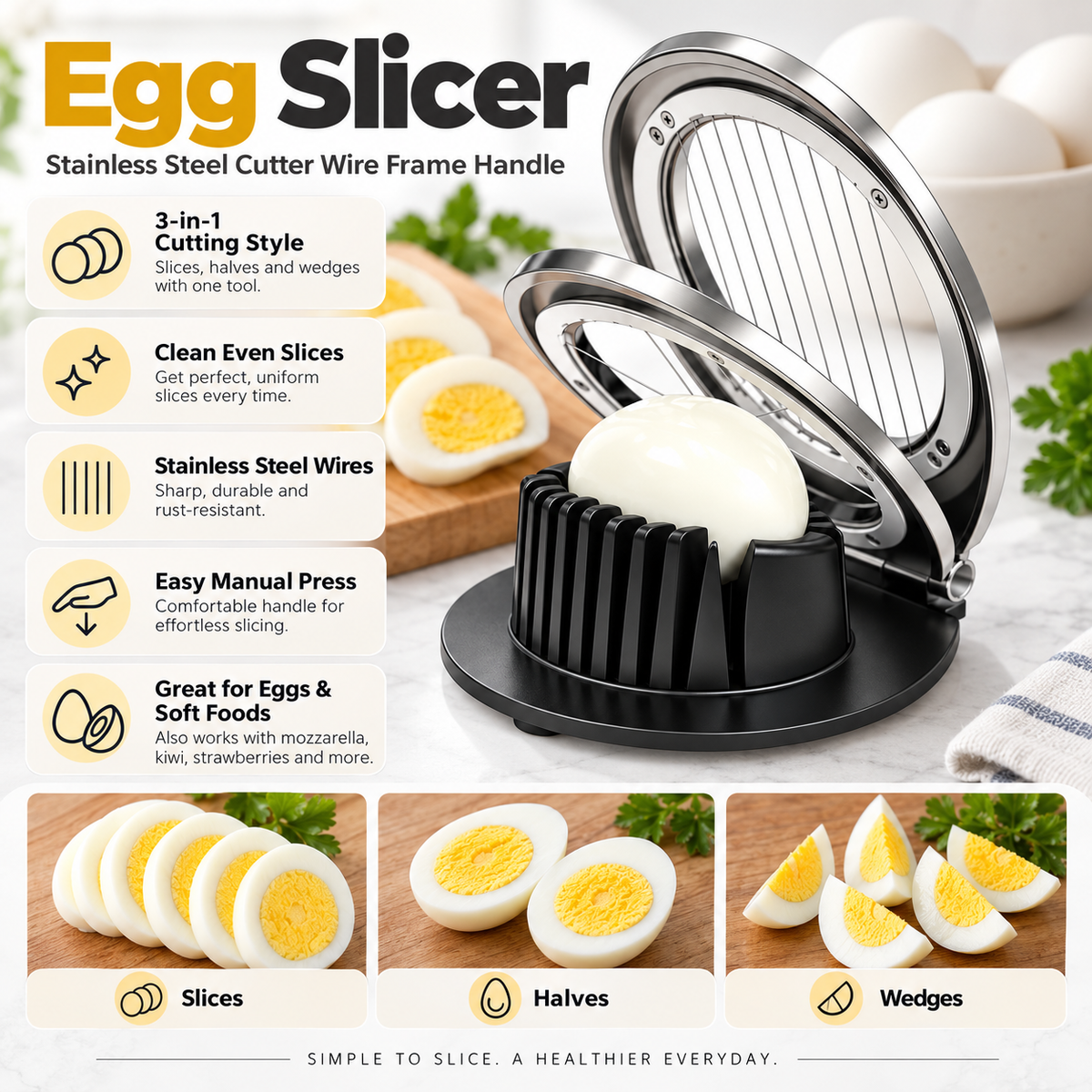 Egg Slicer Stainless Steel Cutter Wire Frame Handle