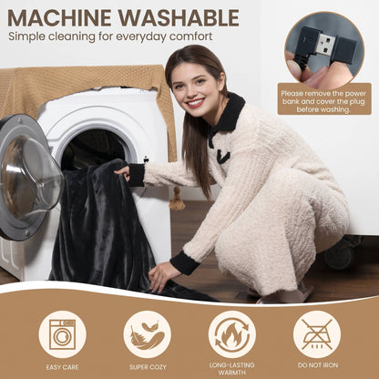 Cordless Heated Blanket with Hood, Rechargeable Wearable Throw with 9 Heating Zones & 3 Heat Levels for Camping