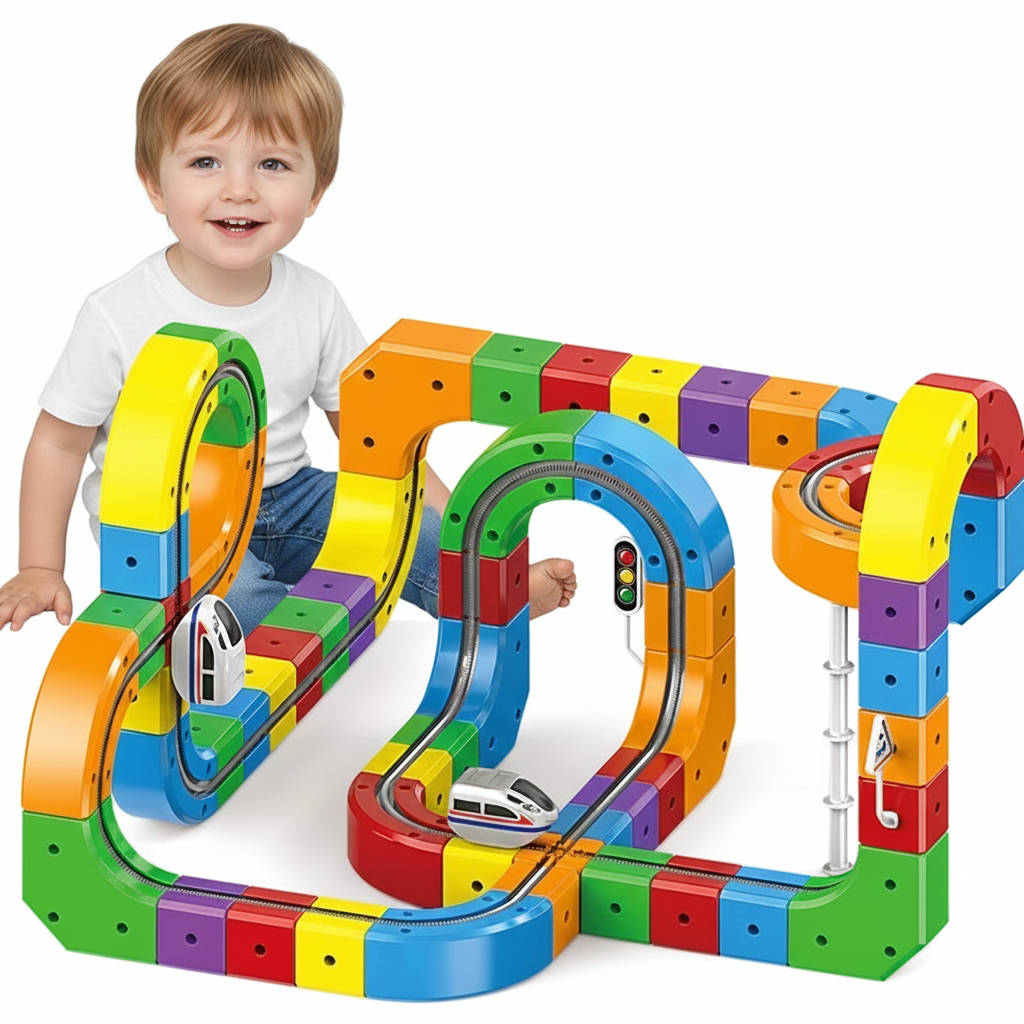 Magnetic Train Set with Flexible Track Sections and Rechargeable Motor