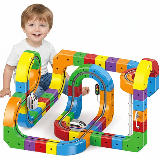 Magnetic Train Set with Flexible Track Sections and Rechargeable Motor
