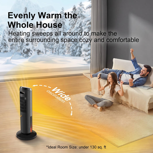 27" Ceramic Tower Space Heater, Electric Heater for Large Rooms with 3D Flame, Oscillation & Remote Control