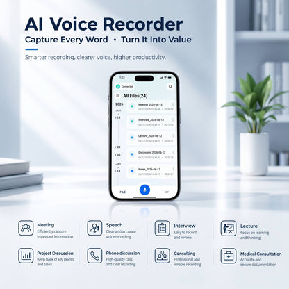 AI Voice Recorder, Smart Meeting Notes, Real Time Translation & AI Noise Reduction, Portable Digital Audio Recorder
