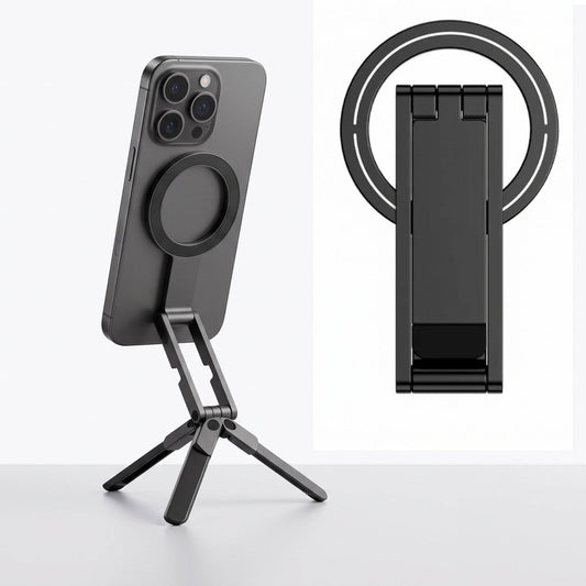 Magnetic Phone Tripod Stand, Aluminum Mini Foldable Phone Stand with Magnetic Quick Mount for iPhone 12 to 16