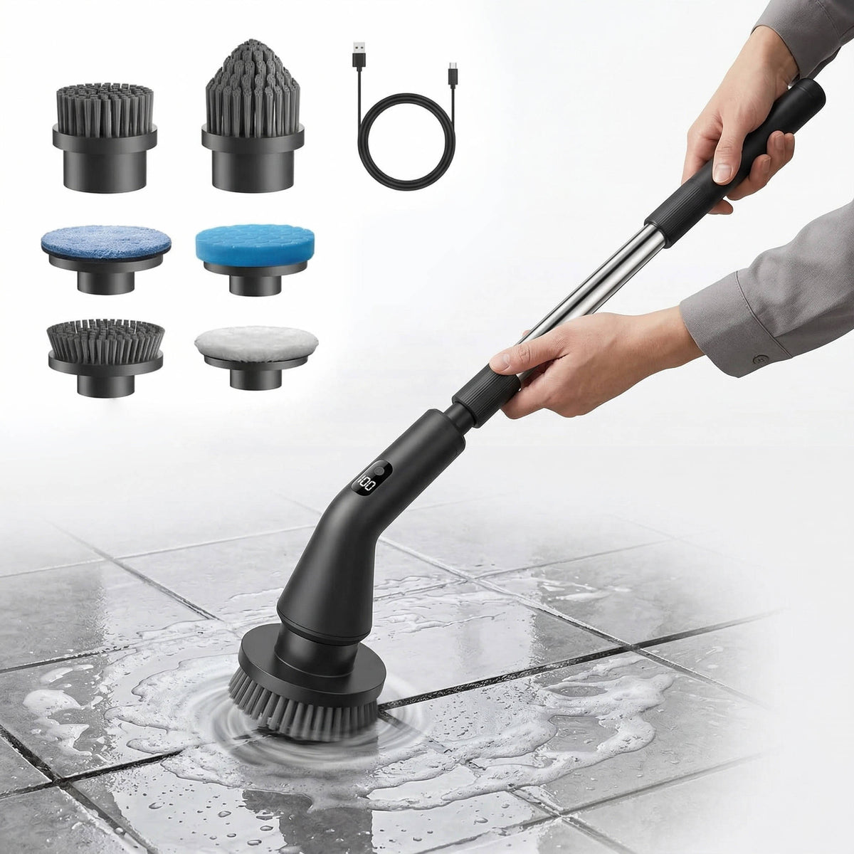 Electric Spin Scrubber with Extendable Handle and 7 Brush Heads for Grout