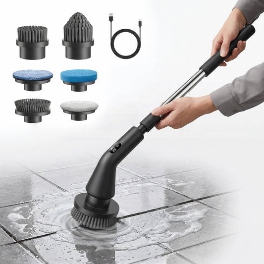 Electric Spin Scrubber with Extendable Handle and 7 Brush Heads for Grout