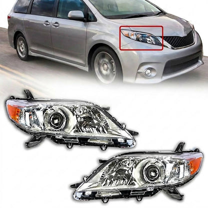 2011 to 2020 Toyota Sienna Halogen Headlights, Clear Lens Chrome Housing, Left Driver & Right Passenger Side Pair, Direct OEM Fit