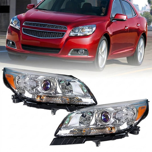 2013 to 2015 Chevrolet Malibu Halogen Headlights, Chrome Housing Clear Projector Lens Assembly, Left Driver & Right Passenger Side Pair, Direct OEM Fit