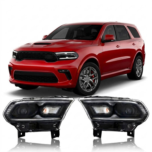 2021 to 2023 Dodge Durango LED Headlights, Black Trim Housing with Halogen Turn Signals, Left & Right Side Pair, Direct OEM Replacement