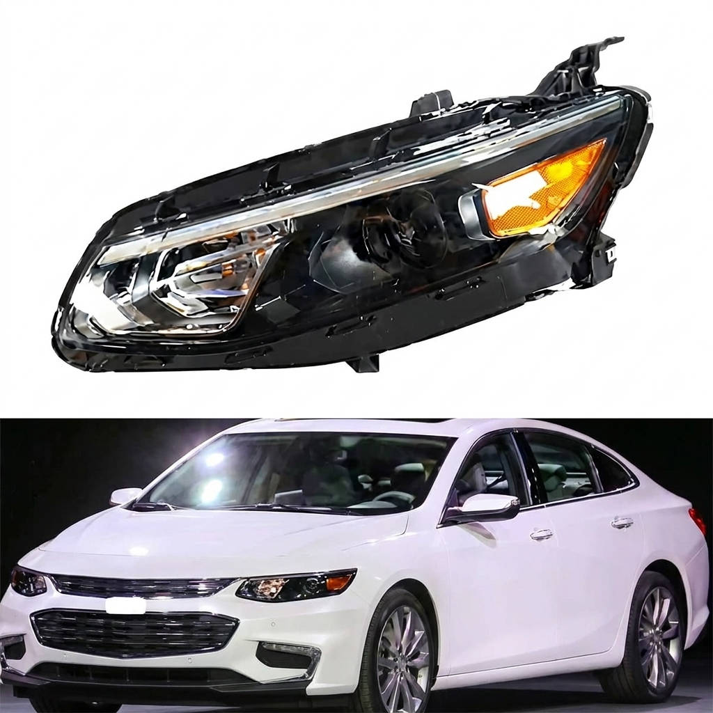 2016 to 2018 Chevrolet Malibu Halogen Headlight, Black Housing Clear Projector Lens, Left Driver Side, Direct OEM Fit