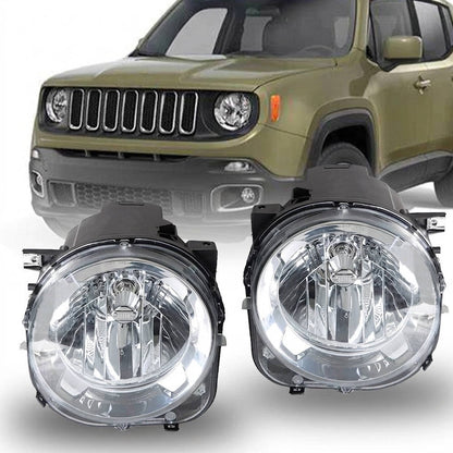 2015 to 2018 Jeep Renegade Halogen Headlights, Black Housing Clear Projector Lens, Left Driver & Right Passenger Side Pair, Direct OEM Fit