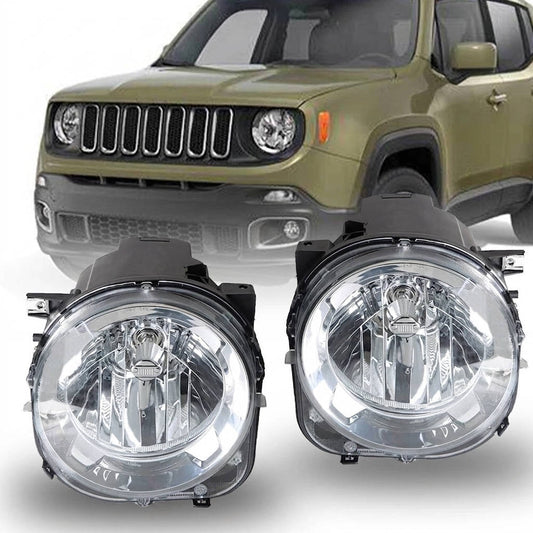 2015 to 2018 Jeep Renegade Halogen Headlights, Black Housing Clear Projector Lens, Left Driver & Right Passenger Side Pair, Direct OEM Fit