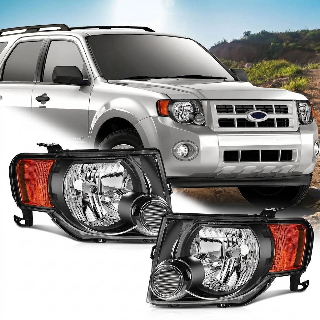 2008 to 2012 Ford Escape SUV Headlights, Stealth Black Housing Clear Lens Assembly, Left Driver & Right Passenger Side Pair Set, Direct OEM Fit