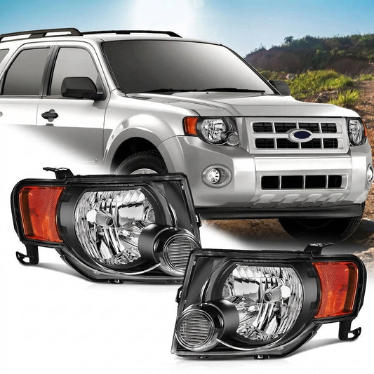 2008 to 2012 Ford Escape SUV Headlights, Stealth Black Housing Clear Lens Assembly, Left Driver & Right Passenger Side Pair Set, Direct OEM Fit