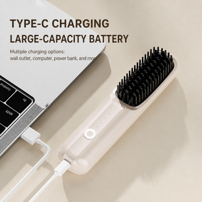 Rechargeable Hair Straightener Brush with Ceramic Teeth and Ion Release, Travel Pouch