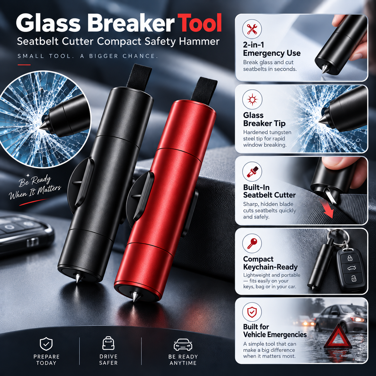 Glass Breaker Tool Seatbelt Cutter Compact Safety Hammer