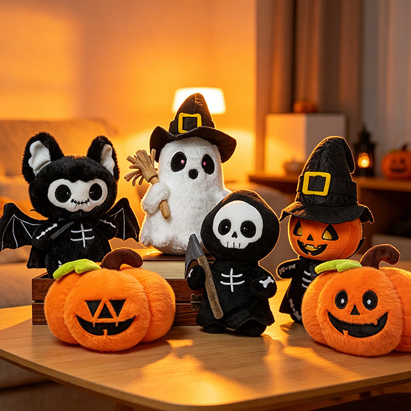 Soft Plush Halloween Characters with Embroidered Faces and Seasonal Designs