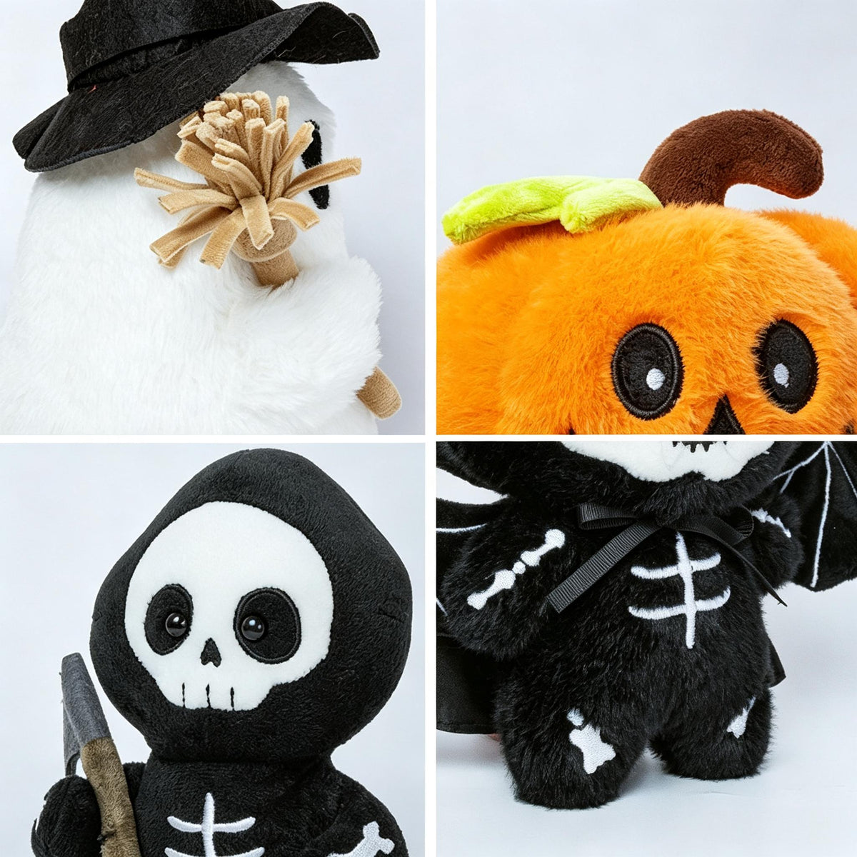 Soft Plush Halloween Characters with Embroidered Faces and Seasonal Designs