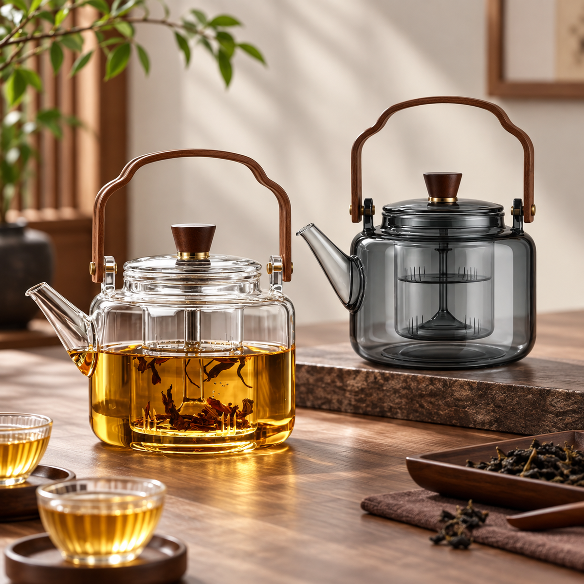 Heat Resistant Glass Teapot Wooden Handle Borosilicate