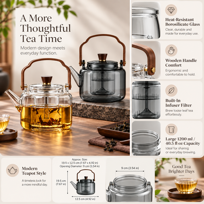 Heat Resistant Glass Teapot Wooden Handle Borosilicate
