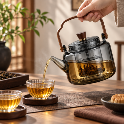 Heat Resistant Glass Teapot Wooden Handle Borosilicate