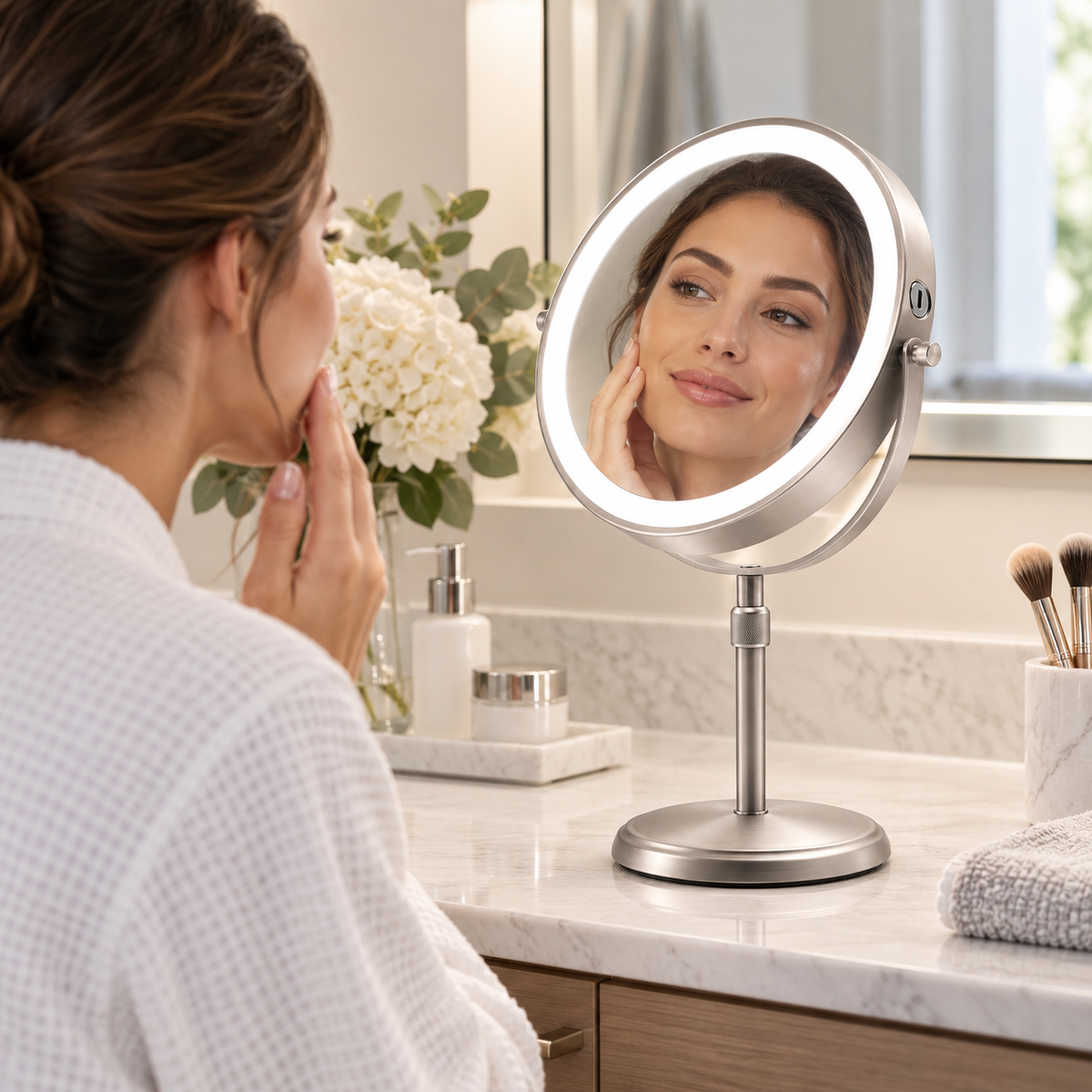 Height Adjustable Makeup Mirror LED Dual Sided Design