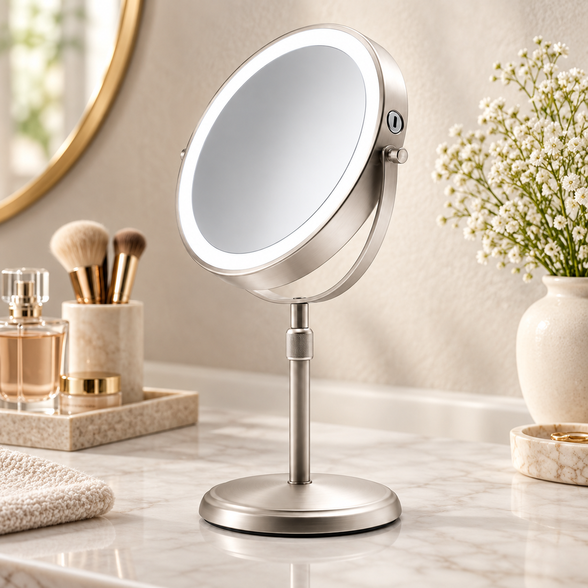 Height Adjustable Makeup Mirror LED Dual Sided Design