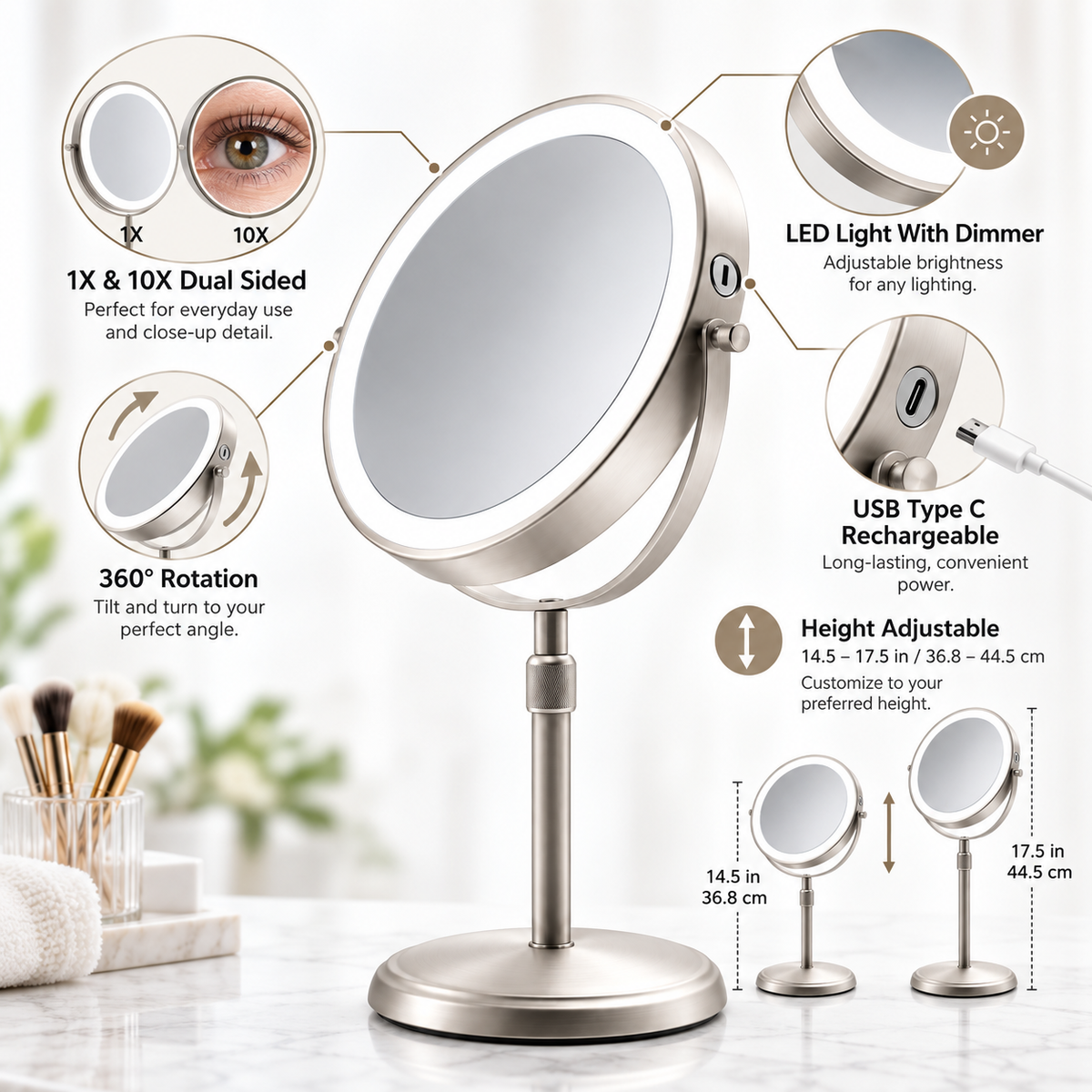 Height Adjustable Makeup Mirror LED Dual Sided Design
